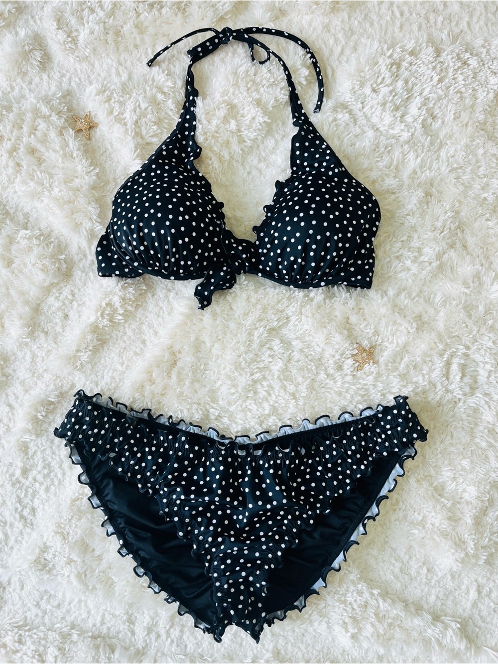 Victoria's Secret Black and White Polka Dot Ruffle Bikini Size 34C & L  NWOT